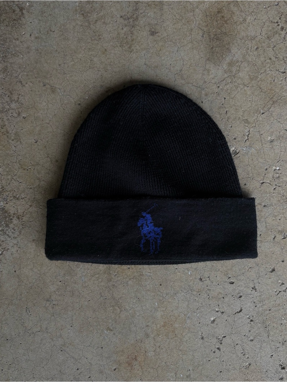 Vintage Polo Ralph Lauren Black / Blue Knit Beanie Winter Hat Merino Wool Preppy
